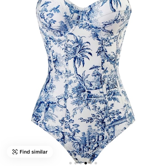 Blue and White Toile Print One piece Swimsuit and Sarong Set size large - Picture 6 of 8